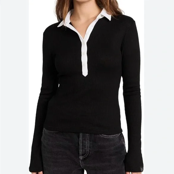 rag & bone Black Ribbed Long-Sleeve Polo Bodysuit with White Collar L - Picture 3 of 6